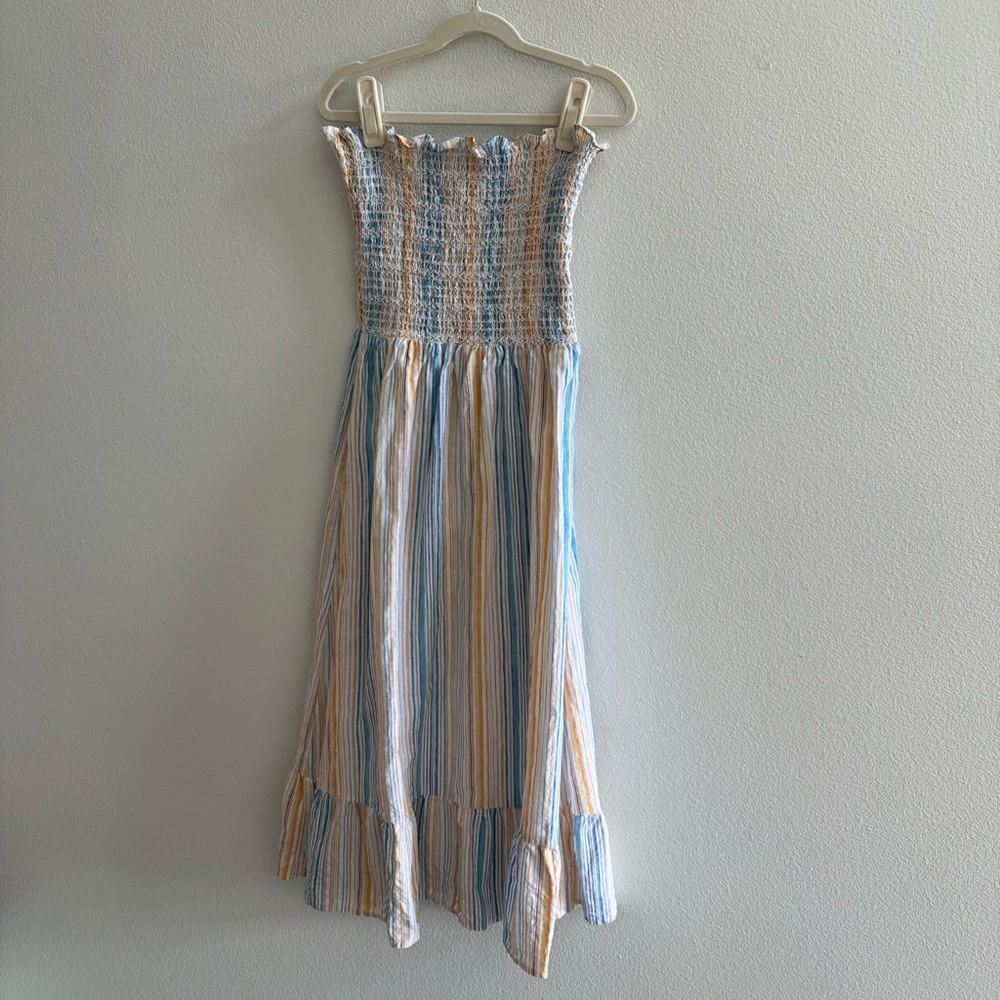 Reformation Bermuda Strapless Smocked Dress in Marbella Stripe